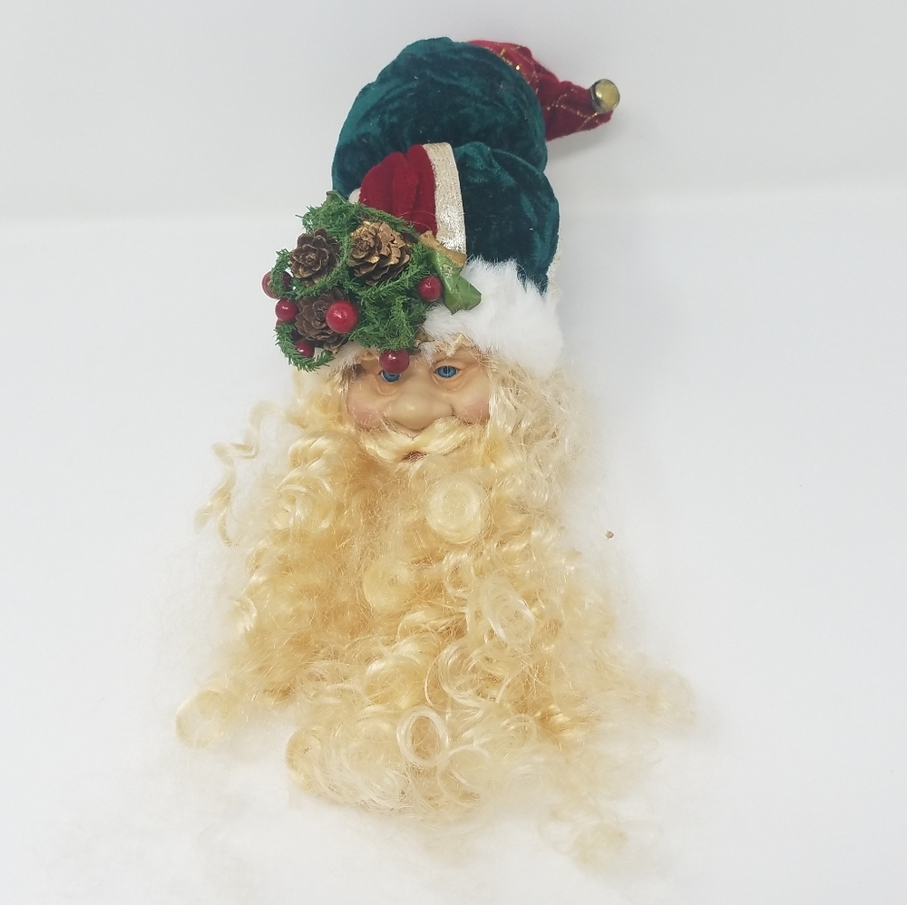 Vtg‎ large Santa Claus plastic head face ornament Christmas green hat wreath